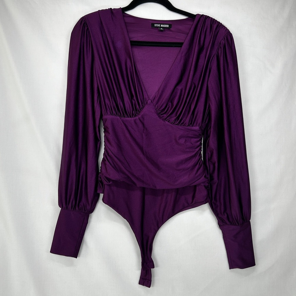Steve Madden Purple Ruched Long Sleeve Bodysuit S